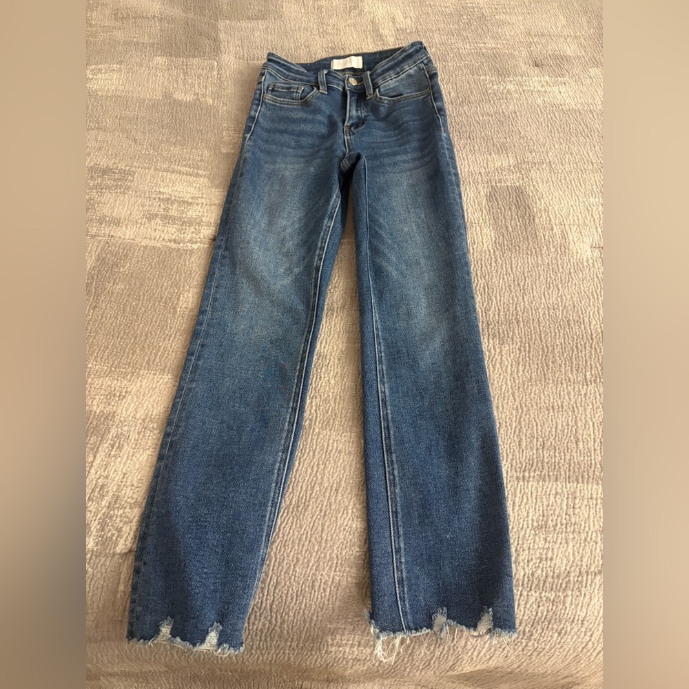Vervet Blue High Rise Slim Straight Jeans with Distressed Bottoms - Medium Wash